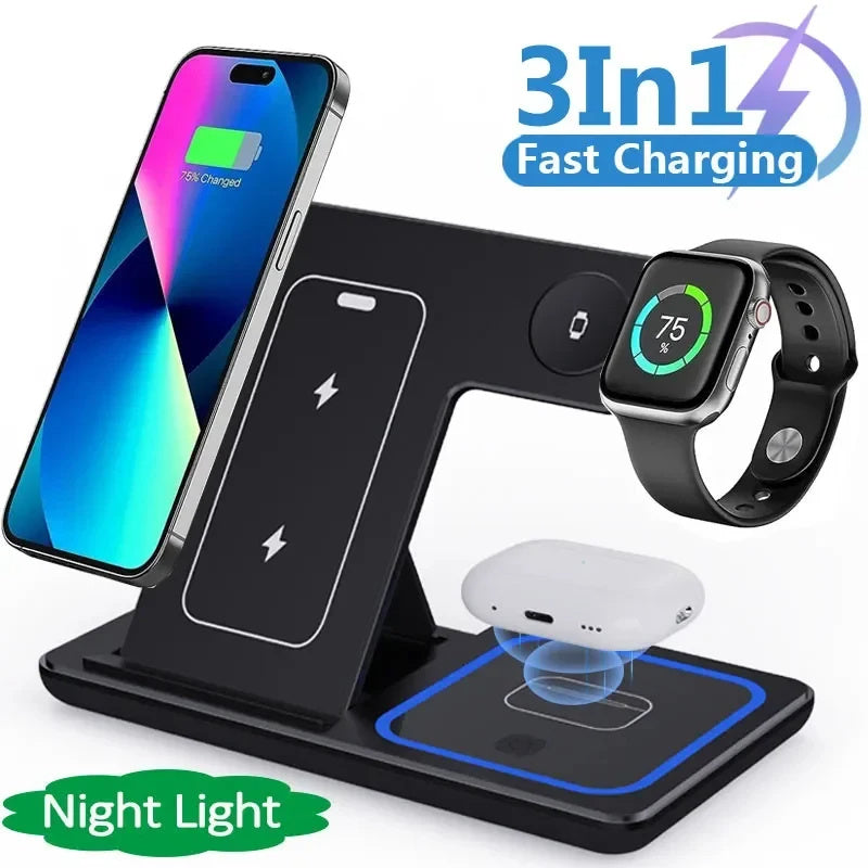 15W 3-in-1 LED Fast Wireless Charger Stand – Phone + Watch + AirPods